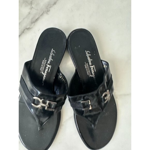 SALVATORE FERRAGAMO Black Silver Logo Buckle Sandals Size 38 - Picture 3 of 11